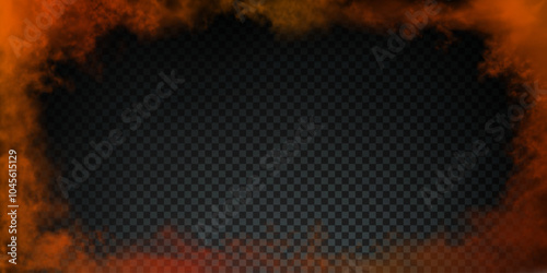 Red, scarlet, orange realistic clouds around the horizontal 2 to 1 size rectangular frame with empty space for text or inscription. Vector hell fire cloudiness isolated on transparent background