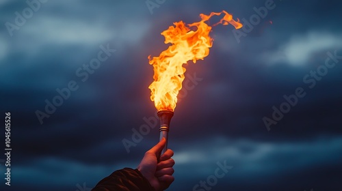 Hand Gripping Torch of Light Against Dark Sky