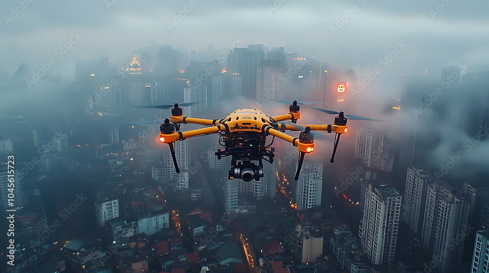 Obraz premium A yellow drone flying over a foggy city at night, with tall buildings and glowing lights.