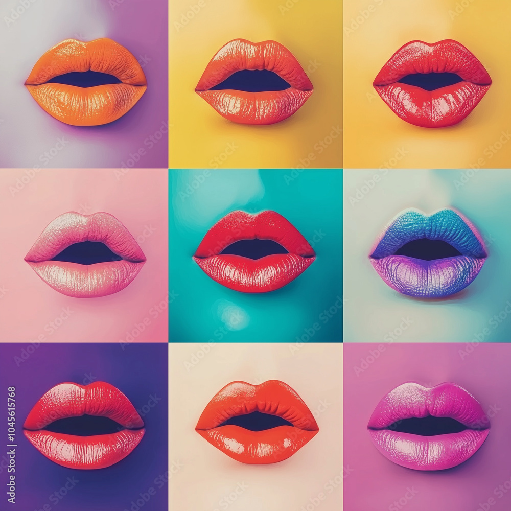 Obraz premium Pop art collage, set of female lips close up isolated on multi-colored background