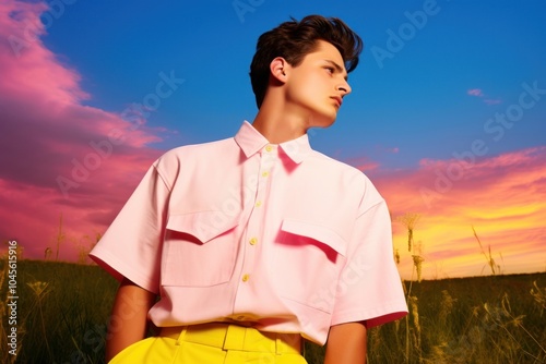 A man wear white outdoors sky portrait.