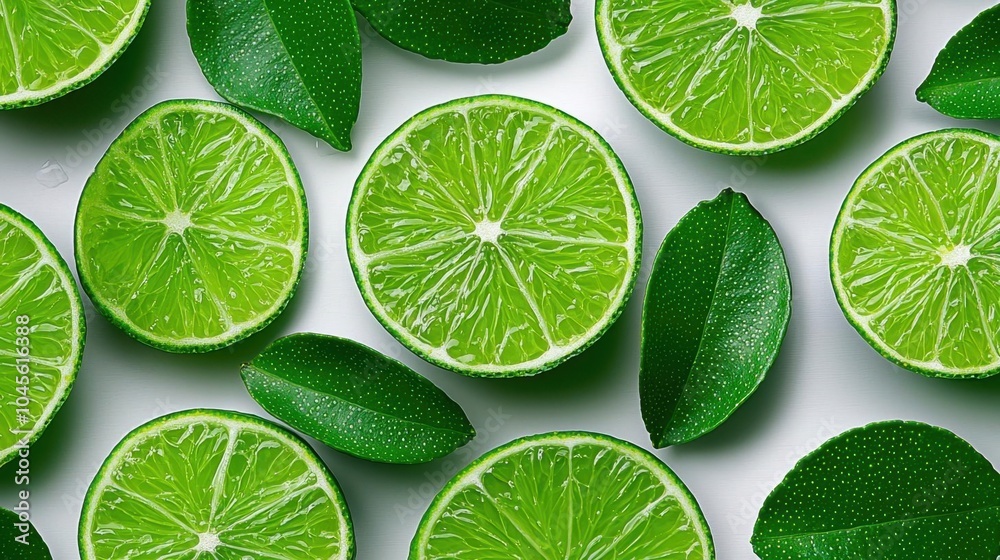 A photostock of fresh lime slices on a white background, vibrant green color A photostock of fresh lime slices on a white background, vibrant green color