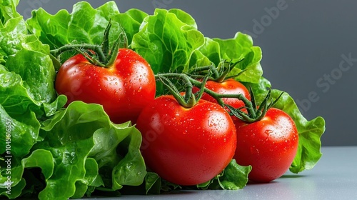 A photostock of fresh lettuce, tomatoes, and other vegetables, white background, high resolution