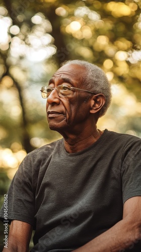 An elderly Black man sits quietly on a bench, basking in the warm sunlight among the trees