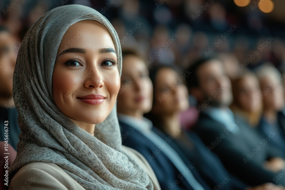 A confident woman wearing an Islamic veil smiles as she participates in a business meeting, with a blurred group of professionals in the background. A confident woman wearing an Islamic veil smiles as she participates in a business meeting, with a blurred group of professionals in the background.