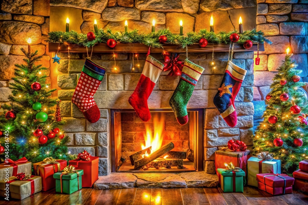 Fototapeta premium Cozy Christmas Fireplace with Stockings and Holiday Decor for Warm Atmosphere