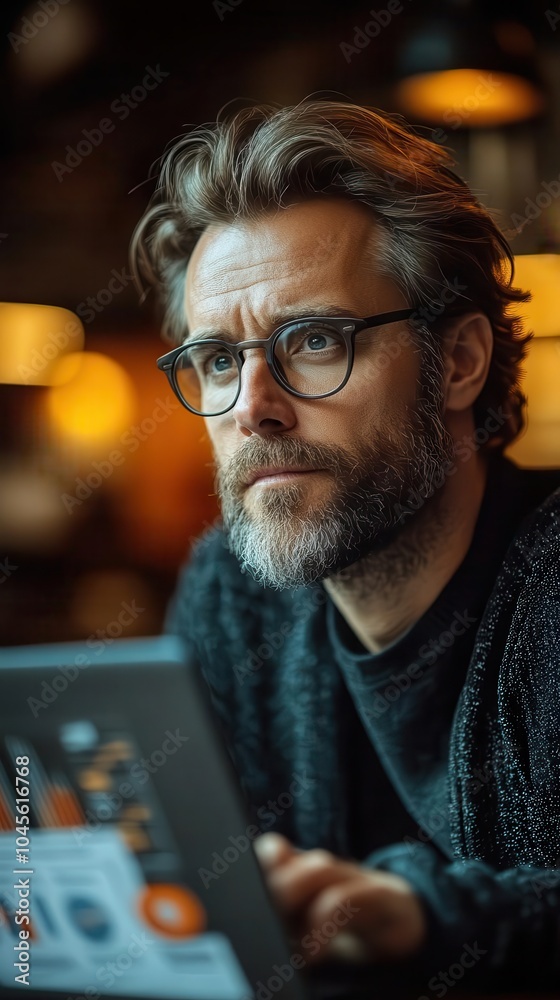 businessman focused on his laptop analyzing financial graphs and charts surrounded by a modern office with digital technology illustrating strategic investment and growth