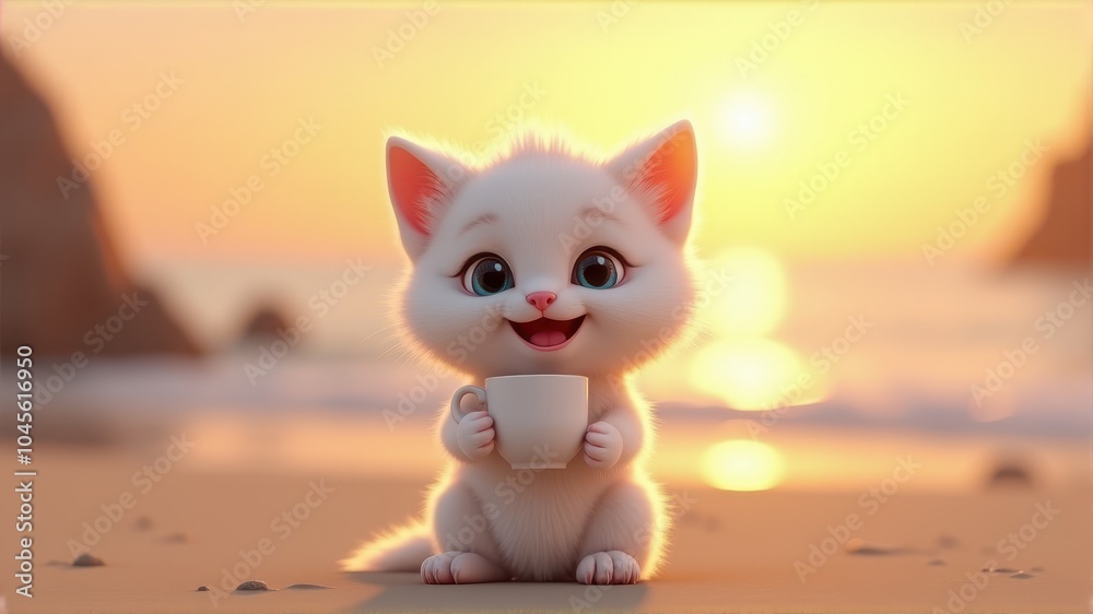 Fototapeta premium Adorable fluffy kitten holding a cup, sitting on a serene beach during a golden sunset, exuding warmth and charm.