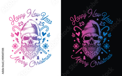 Skull with beard and mustache in Santa Claus hat. Christmas and New Year poster. Original vector illustration in vintage style. T-shirt design.