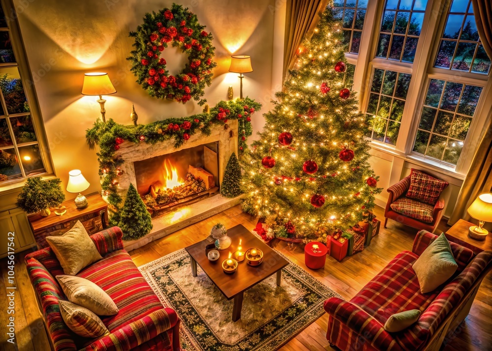 Obraz premium Cozy Christmas Sitting Room with Drone Photography for Holiday Decor Inspiration