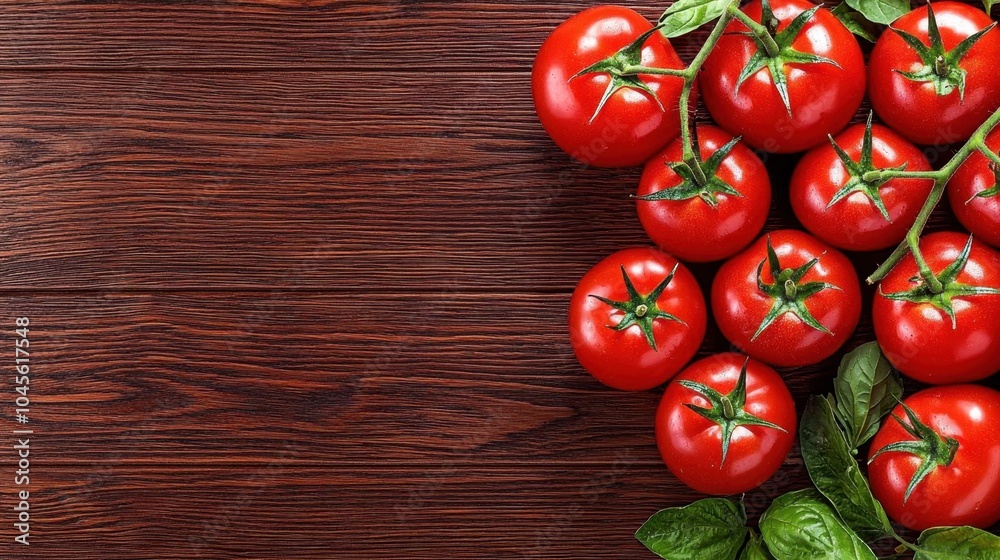 A photostock of fresh red tomatoes on a wooden table, culinary ingredient A photostock of fresh red tomatoes on a wooden table, culinary ingredient