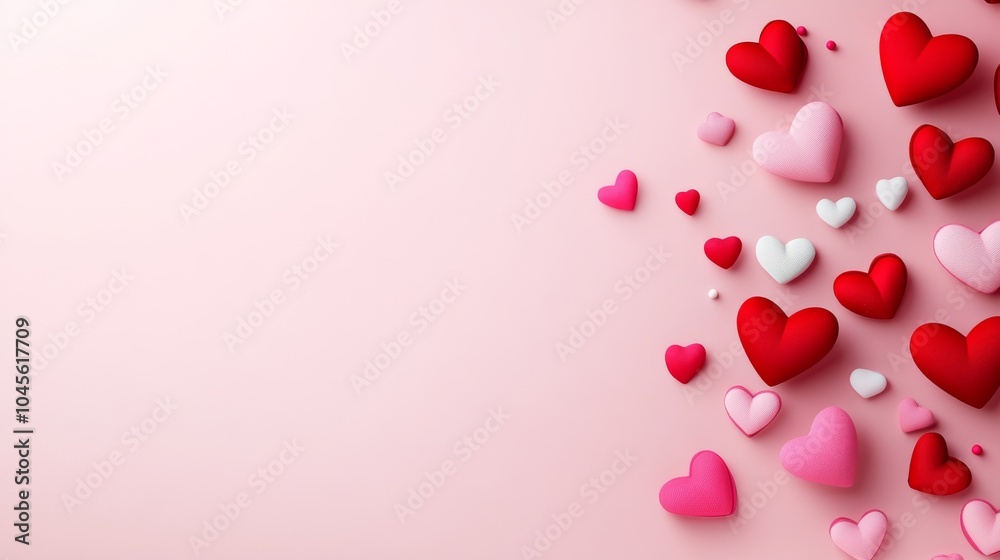A pink background with a cluster of red, pink and white hearts on the right side, leaving ample space for text or a logo. A pink background with a cluster of red, pink and white hearts on the right side, leaving ample space for text or a logo.