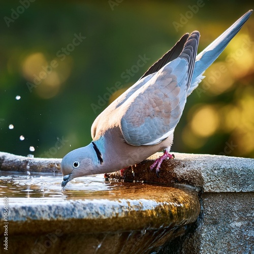 eurasian collared dove bird animal, drinking water from a founta photo