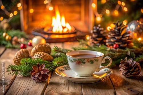 Cozy Christmas Tea Cup and Saucer with Festive Decor for Holiday Celebrations photo