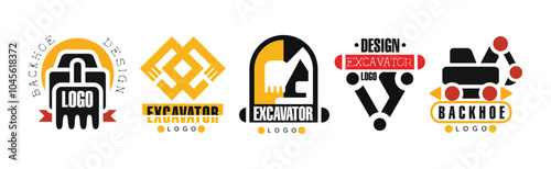 Backhoe Excavator Logo and Label Design Vector Set