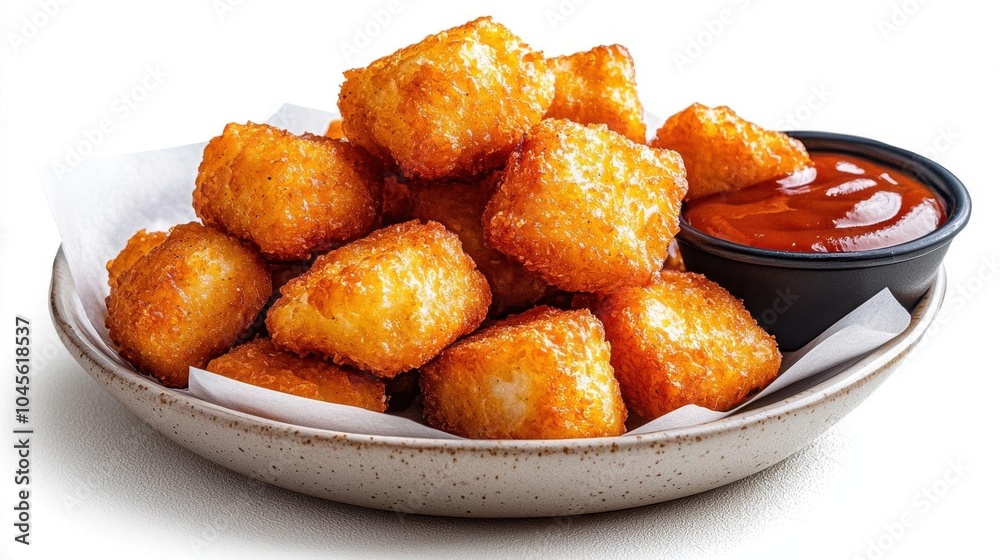 A photostock of fried chicken nuggets on a white plate, white background, clean style A photostock of fried chicken nuggets on a white plate, white background, clean style