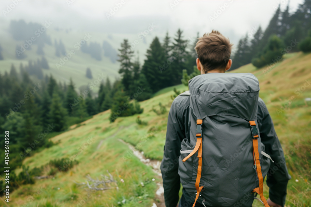 young man with a gray backpack hiking in mountains young man with a gray backpack hiking in mountains