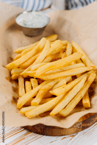 Golden French fries with a side of creamy dip, perfect for snack lovers