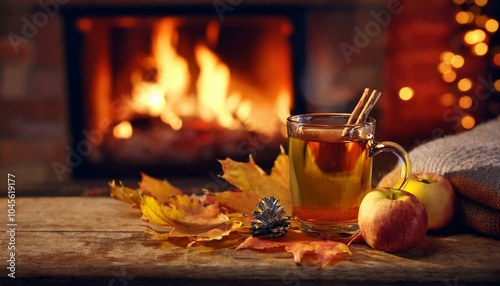 close-up A cozy mug of hot apple cider sits among autumn leaves and a glowing fireplace, Thanksgiving Day