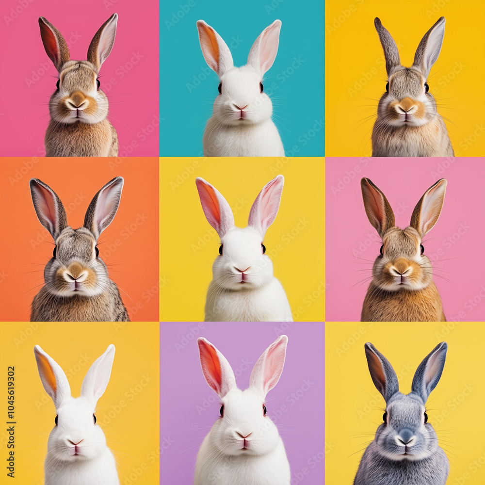  Pop art collage, set of hare isolated on multi-colored background