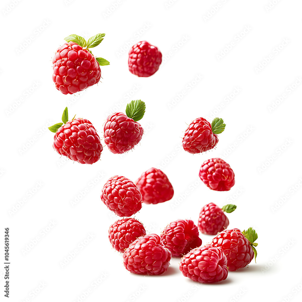 Perfectly Frozen Falling Raspberry Against Clean White Canvas
