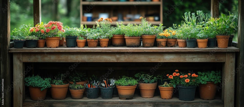 A wooden shelf displaying various potted plants and flowers in a garden setting. A wooden shelf displaying various potted plants and flowers in a garden setting.