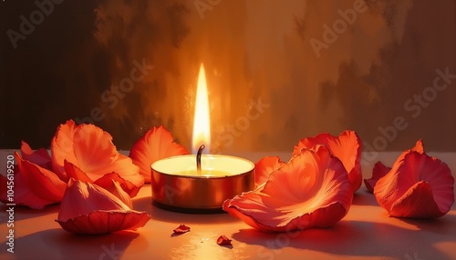 Lit tealight candle surrounded by red rose petals in soft lighting