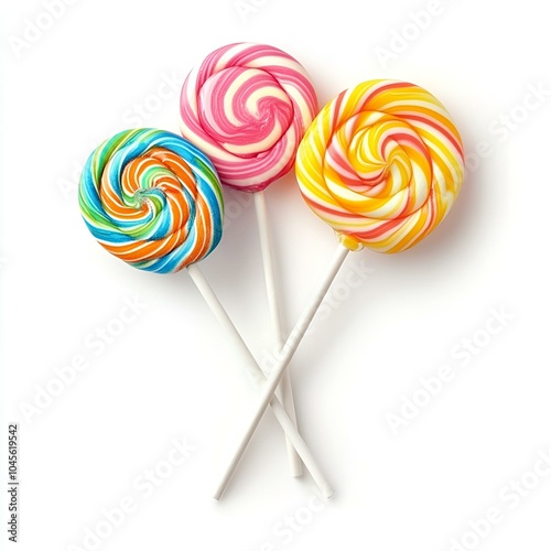 Three colorful swirled lollipops on white background.