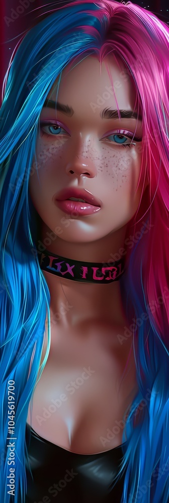 Fototapeta premium A striking portrait of a woman with long blue hair, illuminated by dramatic red and blue lighting. Her calm expression and detailed features evoke a futuristic and bold aesthetic.