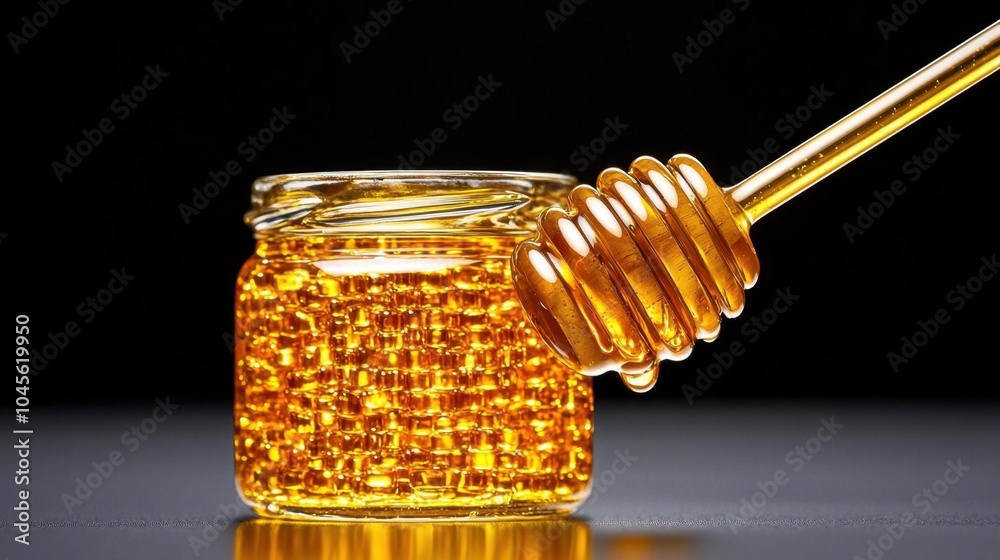 A photostock of honey jar with honey dipper, white background, clear details A photostock of honey jar with honey dipper, white background, clear details