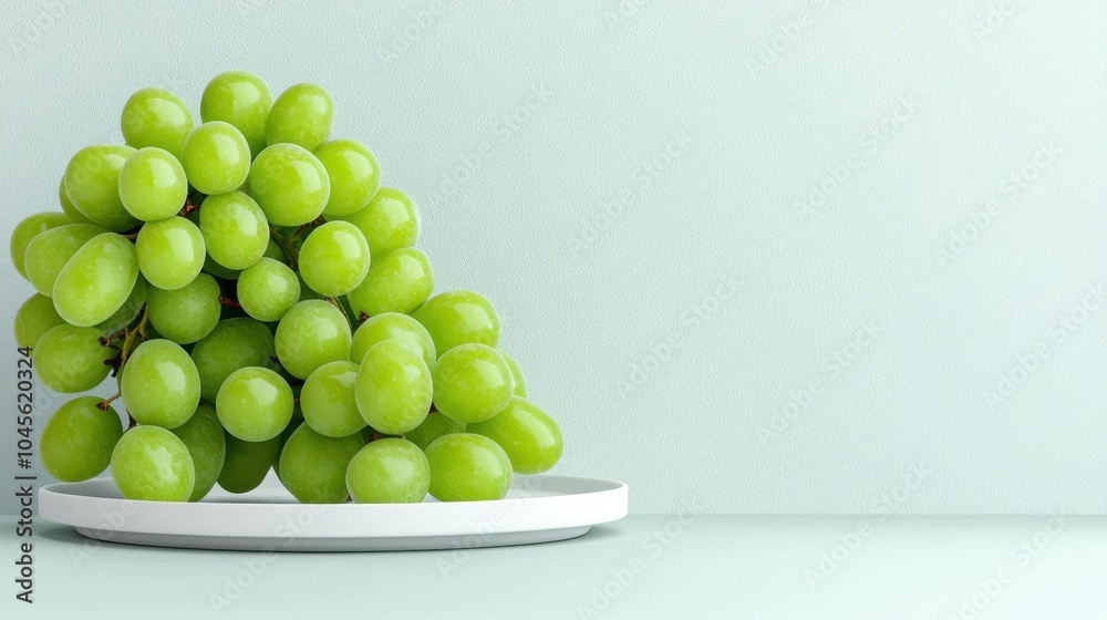 A photostock of a bunch of green grapes on a white plate, white background, clean style A photostock of a bunch of green grapes on a white plate, white background, clean style