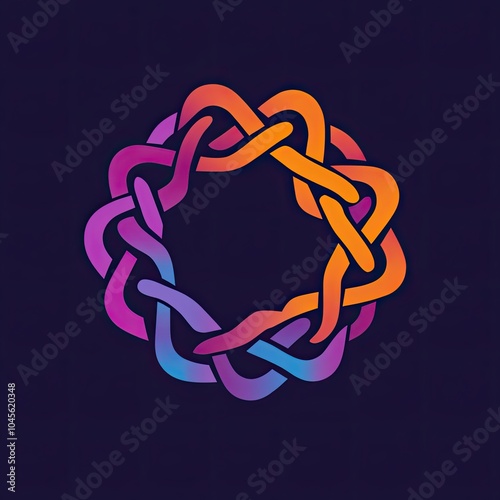 Abstarct logo of empowerment with a circle of interconnected geometric shapes flowing lines, forming a continuous loop representing unity collaboration with a subtle glowing light, vibrant colours.