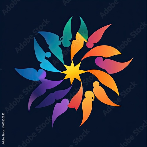 Abstarct logo of empowerment with a circle of interconnected geometric shapes flowing lines, forming a continuous loop representing unity collaboration with a subtle glowing light, vibrant colours.