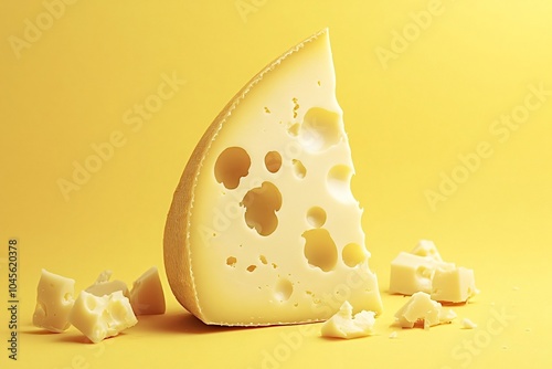 Large triangle of swiss cheese crumbles on a yellow background, perfect for snacks or gourmet dishes. Clean and minimalist, ideal for ads photo