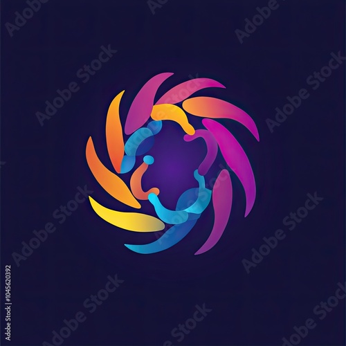 Abstarct logo of empowerment with a circle of interconnected geometric shapes flowing lines, forming a continuous loop representing unity collaboration with a subtle glowing light, vibrant colours.