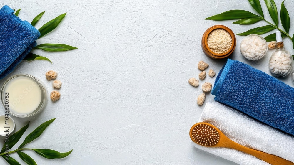 A photostock of spa products like towels and lotions, white background, relaxation style A photostock of spa products like towels and lotions, white background, relaxation style