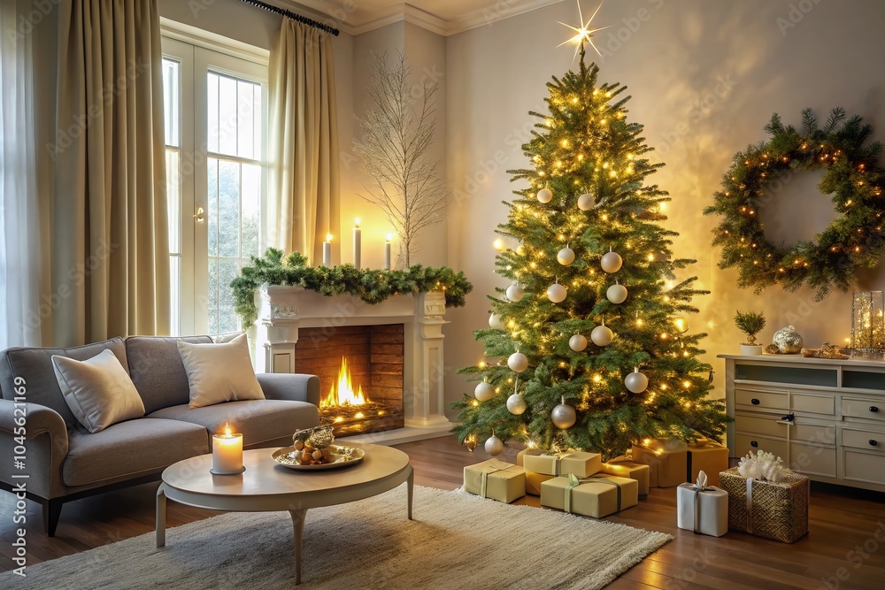 Fototapeta premium Cozy Minimalist Christmas Tree and Fireplace Decor for Holiday Warmth and Aesthetic Appeal