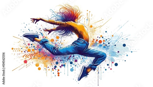 Dynamic Artistic Illustration of a Woman Dancing Energetically. generator AI