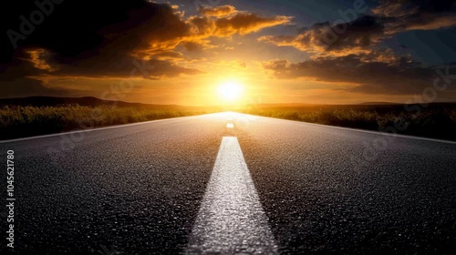 A long, straight asphalt road stretches towards the horizon, with a white center line. The setting sun shines through the clouds.