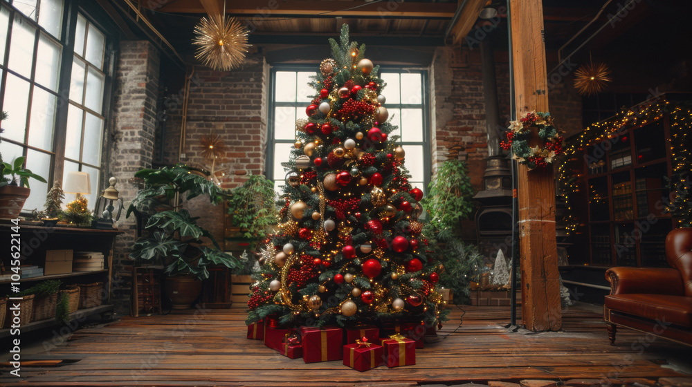 A modern decorated Christmas tree in the house. A modern decorated Christmas tree in the house.