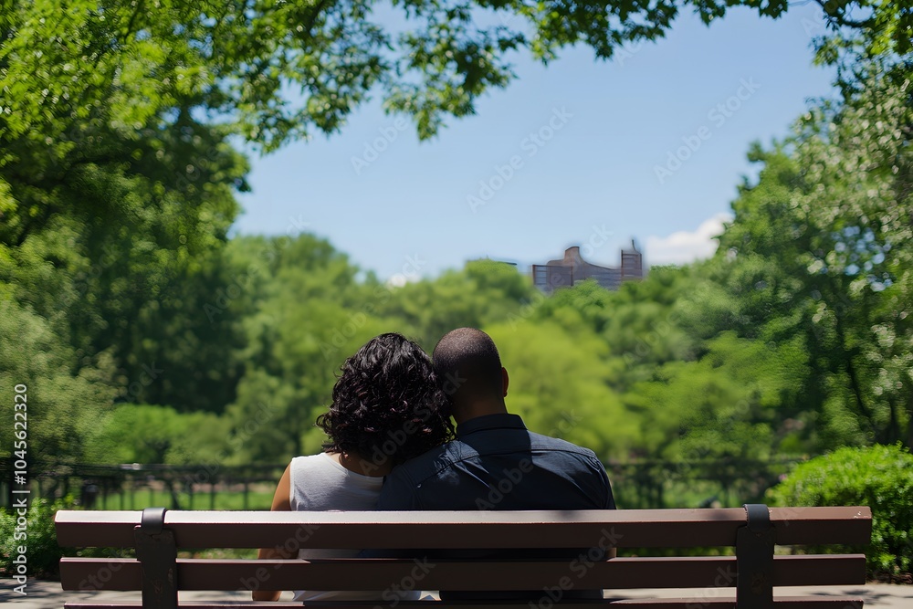 Fototapeta premium couple in the love sitting outdoors on the bench in the park, representing intimacy and relationship in the nature