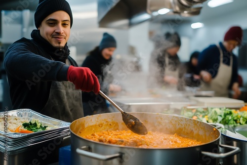 Volunteer stirring a large pot of stew in community kitchen.. photo