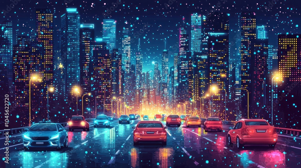A city street with cars and a snowy background A city street with cars and a snowy background