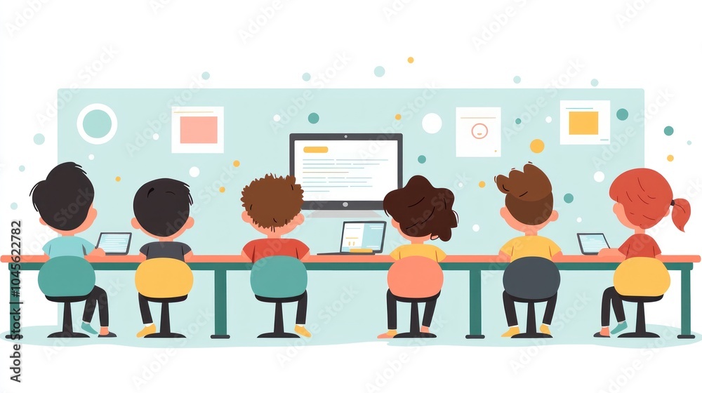 A group of children are sitting at a table with laptops and a monitor