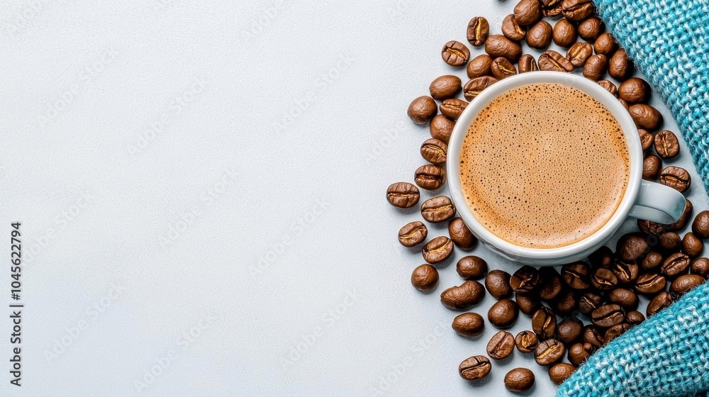 A photostock of a cup of coffee with beans, white background, morning theme A photostock of a cup of coffee with beans, white background, morning theme