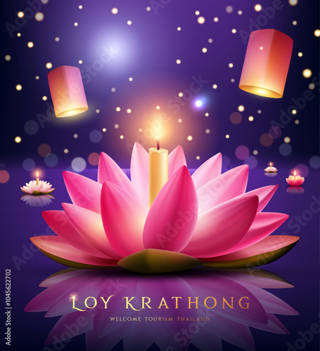 Loy krathong festival thailand, pink lotus flower, at night poster flyer design colorful bokeh background, eps10 vector illustration