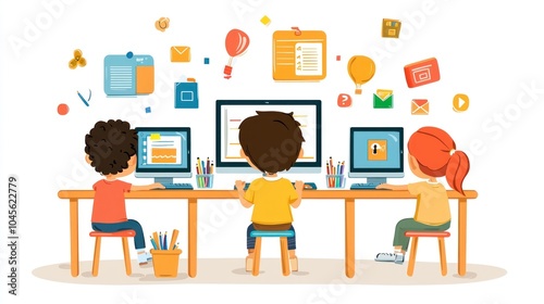 Three children are sitting at a desk with multiple computer monitors