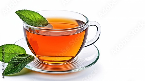 A photostock of a cup of hot tea, white background, cozy theme