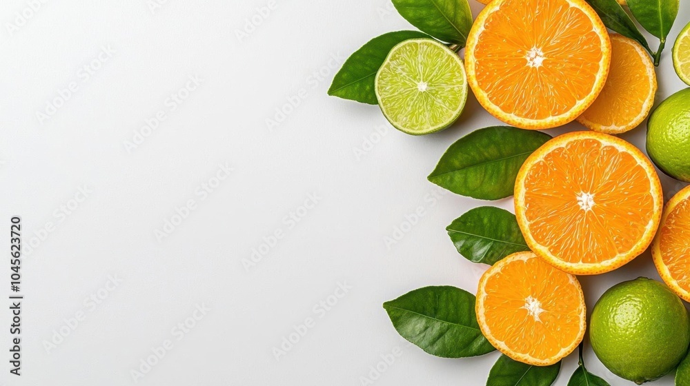 A photostock of a fresh fruit arrangement with oranges and limes, white background A photostock of a fresh fruit arrangement with oranges and limes, white background