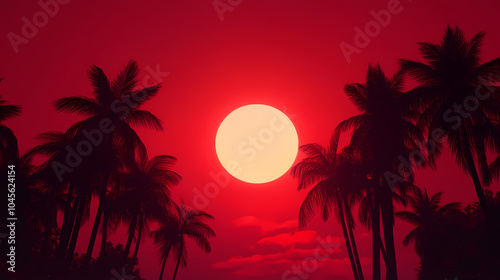 tropical sunset with red sky background illustration